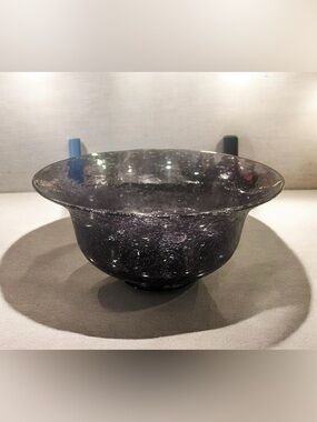 Beautiful Amethyst Hand Blown bubble-filled art glass bowl with a flared rim.